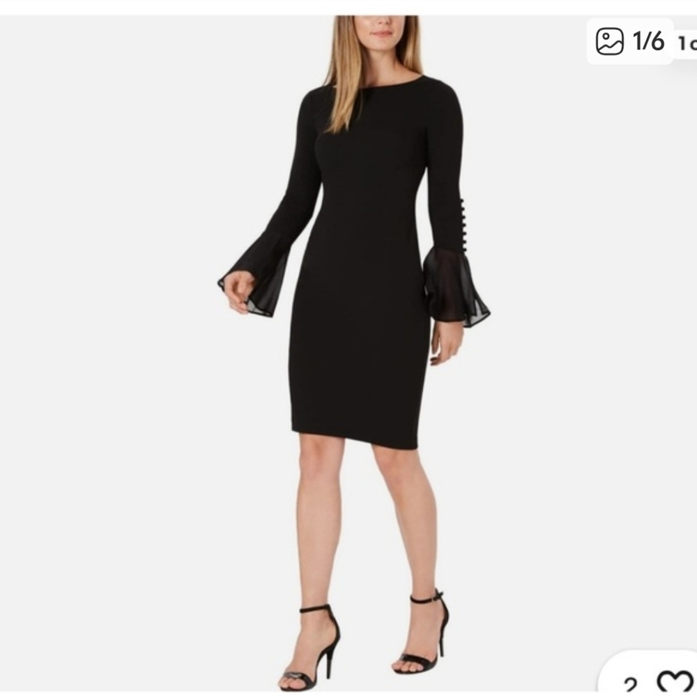 Calvin Klein Black Long Sleeve Dress with Sheer Cuffs And Button Detail Size 6